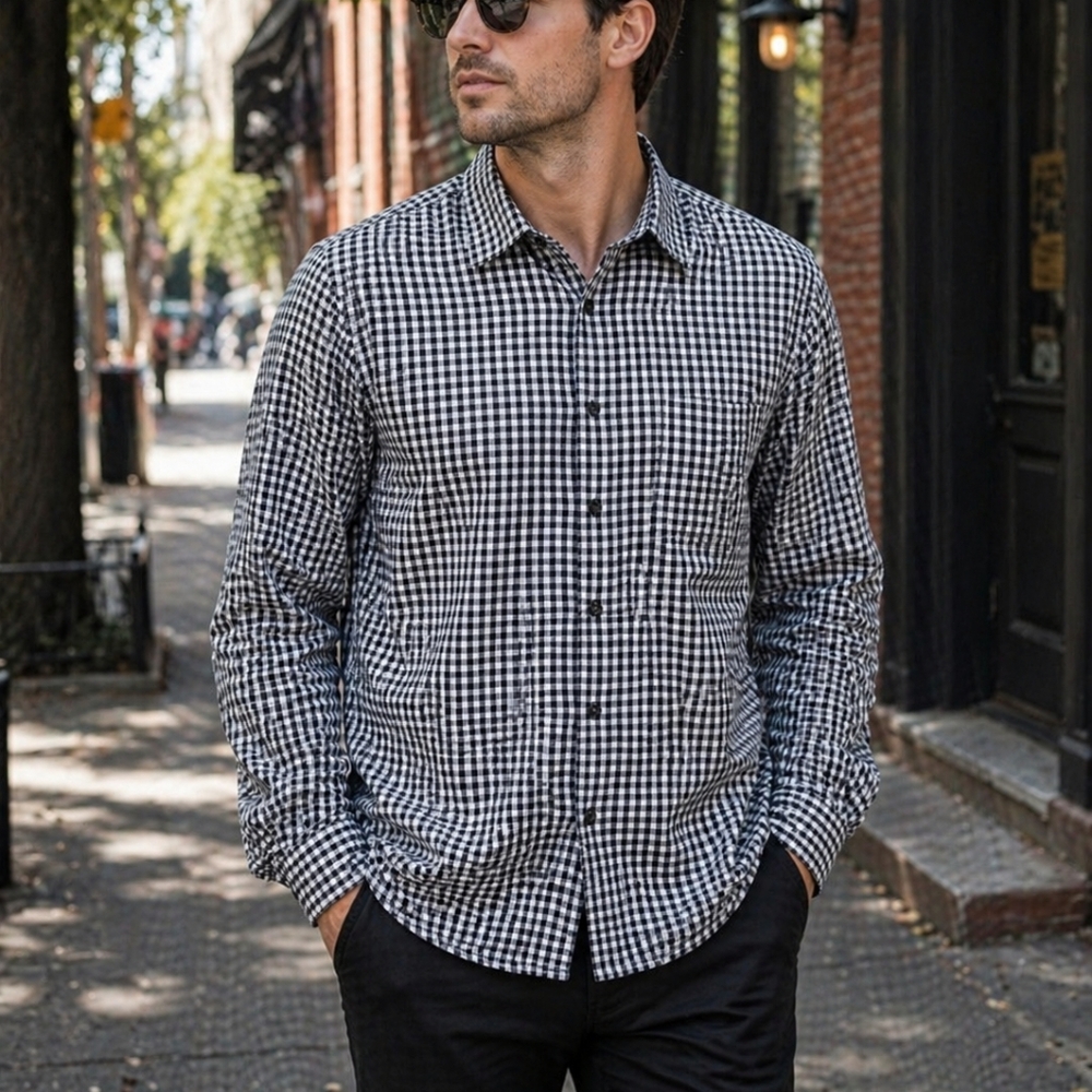 Pronto Uomo XL Black White Gingham Button Down Shirt Men Cotton Non Iron